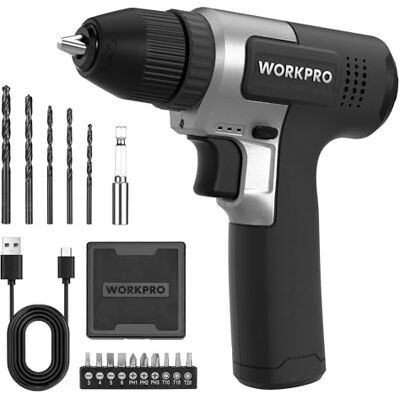 WORKPRO 8V Berbequim sem Fios, Berbequim Elétrico com Mandril 3/8'', Chave de Fendas Elétrica, Aparafusadora com Velocidades Variáveis, Aparafusadora Recarregável Tipo C, com 15pcs Acessórios, Preto WORKPRO 8V Berbequim sem Fios, Berbequim Elétrico com Mandril 3/8'', Chave de Fendas Elétrica, Aparafusadora com Velocidades Variáveis, Aparafusadora Recarregável Tipo C, com 15pcs Acessórios, Preto