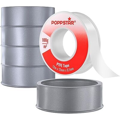 POPPSTAR Fita de teflon DVGW 12 m x 12 mm x 0,1 mm (fita de vedação de PTFE de 100 g/m², GRp para roscas grossas, adequada para água potável), 5 rolos POPPSTAR Fita de teflon DVGW 12 m x 12 mm x 0,1 mm (fita de vedação de PTFE de 100 g/m², GRp para roscas grossas, adequada para água potável), 5 rolos