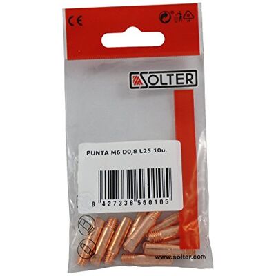 Solter Ponta de contacto M6 L25 0,8 mm para soldagem MIG Pack de 10 unidades alta condutividade em cobre compatível com tochas MIG profissional Solter Ponta de contacto M6 L25 0,8 mm para soldagem MIG Pack de 10 unidades alta condutividade em cobre compatível com tochas MIG profissional