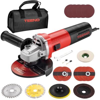 TEENO Amoladora Angular 125 MM 1000W 2000-12000 RPM Con 20 Accesorios, Radial Pequeña 125 mm, Amoladora Pequeña Para Cortar, Esmerilar y Pulir Metal, Madera, Cerámica y Piedra, Bolsa de Herramientas TEENO Amoladora Angular 125 MM 1000W 2000-12000 RPM Con 20 Accesorios, Radial Pequeña 125 mm, Amoladora Pequeña Para Cortar, Esmerilar y Pulir Metal, Madera, Cerámica y Piedra, Bolsa de Herramientas