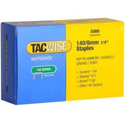 TACWISE Grampos profissionais galvanizados 140/6 mm, embalagem de 5000 Fio plano, ponta de zinco para fácil inserção e forte fixação TACWISE Grampos profissionais galvanizados 140/6 mm, embalagem de 5000 Fio plano, ponta de zinco para fácil inserção e forte fixação
