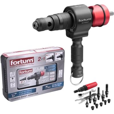 FORTUM Adaptador 2 em 1 para rebitadora para broca e parafusador, para rebites cegos e porcas rebitadas de alumínio, aço e aço inoxidável, rebites 2,4-6,4 mm porcas rebitadas M3-M12 FORTUM Adaptador 2 em 1 para rebitadora para broca e parafusador, para rebites cegos e porcas rebitadas de alumínio, aço e aço inoxidável, rebites 2,4-6,4 mm porcas rebitadas M3-M12
