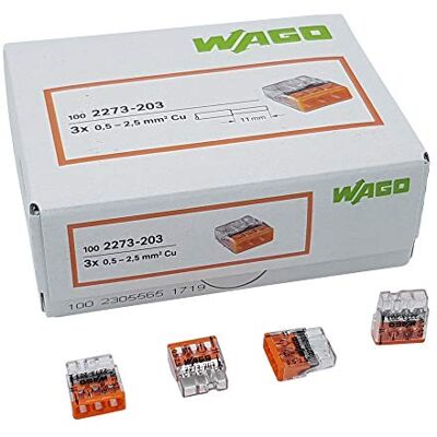 WAGO 100 unidades COMPACT borne para caixa de junções Ø 0,5 2,5 mm², de 3 pólos, transparente/laranja WAGO 100 unidades COMPACT borne para caixa de junções Ø 0,5 2,5 mm², de 3 pólos, transparente/laranja