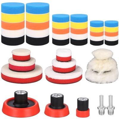 Birshe Kit polido carro 44 peças, adaptador de broca incluída Espuma e lã, adaptador M14, para polimento, encerado e limpeza, compatível broca e polimento, reutilizável Birshe Kit polido carro 44 peças, adaptador de broca incluída Espuma e lã, adaptador M14, para polimento, encerado e limpeza, compatível broca e polimento, reutilizável