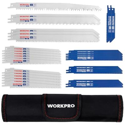 WORKPRO Lâminas de serra sabre para madeira e metal 32 peças, lâminas de serra com bolsa organizador, para madeira, metal ou plástico, ideal para cortar ramos WORKPRO Lâminas de serra sabre para madeira e metal 32 peças, lâminas de serra com bolsa organizador, para madeira, metal ou plástico, ideal para cortar ramos