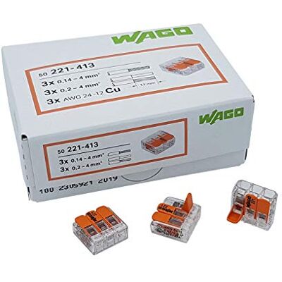 WAGO Terminal plug-in 3-way com fonte rígida (0,2 4 mm²) e flexível (0,14 4 mm²) wires to open again, transparente/laranja, contents: 50 peças WAGO Terminal plug-in 3-way com fonte rígida (0,2 4 mm²) e flexível (0,14 4 mm²) wires to open again, transparente/laranja, contents: 50 peças