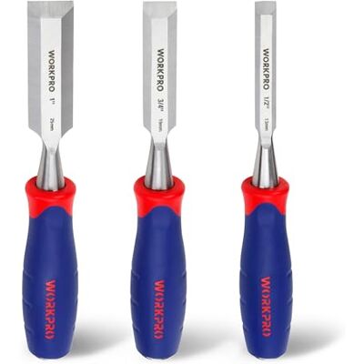 WORKPRO Juego de Formones para Madera, 3 Piezas, 13/19/25mm Folhas de aço Cr-V e punhos ergonómicos PP+TPR para escultura, ajuste e trabalhos de carpintaria WORKPRO Juego de Formones para Madera, 3 Piezas, 13/19/25mm Folhas de aço Cr-V e punhos ergonómicos PP+TPR para escultura, ajuste e trabalhos de carpintaria