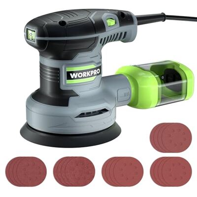 WORKPRO Lixadeira excêntrica de 125 mm, 300 W, 7000-13000 OPM, multilixadora com aspiração e depósito de pó, inclui 20 unidades de papel lixa WORKPRO Lixadeira excêntrica de 125 mm, 300 W, 7000-13000 OPM, multilixadora com aspiração e depósito de pó, inclui 20 unidades de papel lixa