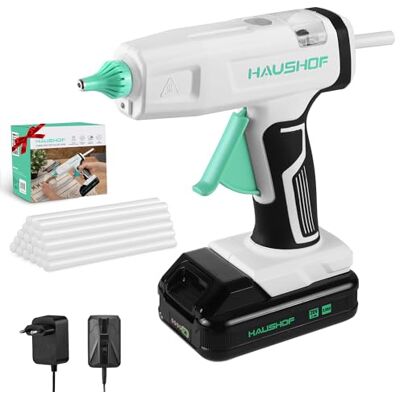 HAUSHOF Pistola cola 20 V sem fios com 20 barras Aquecimento rápido e alta precisão para trabalhos manuais, reparações de madeira, plástico e têxteis HAUSHOF Pistola cola 20 V sem fios com 20 barras Aquecimento rápido e alta precisão para trabalhos manuais, reparações de madeira, plástico e têxteis