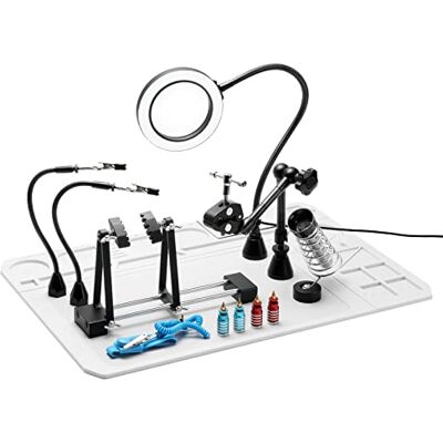 SainSmart Mãos de ajuda magnéticas 2 em 1, luxuosa estação de reparação de soldagem com tapete de soldagem de silicone, suporte para placa de circuito PCB, lâmpada de aumento LED 5X, placa SainSmart Mãos de ajuda magnéticas 2 em 1, luxuosa estação de reparação de soldagem com tapete de soldagem de silicone, suporte para placa de circuito PCB, lâmpada de aumento LED 5X, placa