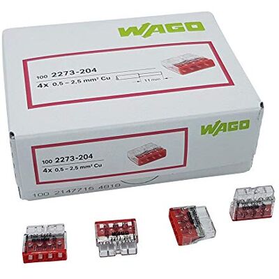 WAGO 100 unidades COMPACT borne para caixa de junções Ø 0,5 2,5 mm², de 4 pólos, transparente/vermelho WAGO 100 unidades COMPACT borne para caixa de junções Ø 0,5 2,5 mm², de 4 pólos, transparente/vermelho