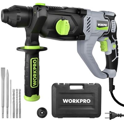 WORKPRO Berbequim Percutor Elétrico 1050W, Martelo Perfurador, Percutor com Punho Rotativo 360°, com 4 Funções e Velocidades Variáveis, Inclui Brocas SDS Plus, para Betão, Metal e Madeira WORKPRO Berbequim Percutor Elétrico 1050W, Martelo Perfurador, Percutor com Punho Rotativo 360°, com 4 Funções e Velocidades Variáveis, Inclui Brocas SDS Plus, para Betão, Metal e Madeira