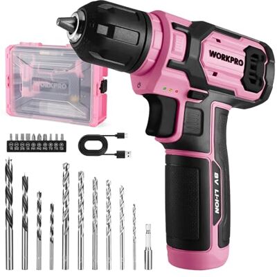WORKPRO Aparafusadora sem fios 8V, Chave de fendas elétrica, Berbequim aparafusadora com velocidades variáveis, Aparafusadora recarregável, Luz LED, com 21 acessórios, Rosa WORKPRO Aparafusadora sem fios 8V, Chave de fendas elétrica, Berbequim aparafusadora com velocidades variáveis, Aparafusadora recarregável, Luz LED, com 21 acessórios, Rosa
