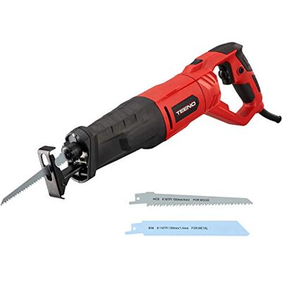 TEENO Serra sabre de 850 W com cabo, manípulo giratório (esquerda e direita 90 º), gatilho de velocidade variável 0 ~ 2800 RPM, 2 folhas de 150 mm (madeira 6T HCS, metal 14T BIM), LED TEENO Serra sabre de 850 W com cabo, manípulo giratório (esquerda e direita 90 º), gatilho de velocidade variável 0 ~ 2800 RPM, 2 folhas de 150 mm (madeira 6T HCS, metal 14T BIM), LED