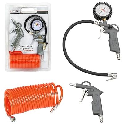 KOMBO – Kit de acessórios para compressor com 2 pistolas de ar (soprado insuflado com manómetro) e mangueira espiral 5 m, universal, compatível com compressor de ar KOMBO – Kit de acessórios para compressor com 2 pistolas de ar (soprado insuflado com manómetro) e mangueira espiral 5 m, universal, compatível com compressor de ar