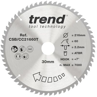 Trend CraftPro Lâmina de serra circular TCT de corte transversal com gancho positivo, 216 mm de diâmetro x 60 dentes x 30 mm de diâmetro interno, ponta de carboneto de tungsténio, CSB/CC21660T Cortes transversales limpios en madera; dientes TCT extra-fi Trend CraftPro Lâmina de serra circular TCT de corte transversal com gancho positivo, 216 mm de diâmetro x 60 dentes x 30 mm de diâmetro interno, ponta de carboneto de tungsténio, CSB/CC21660T Cortes transversales limpios en madera; dientes TCT extra-fi