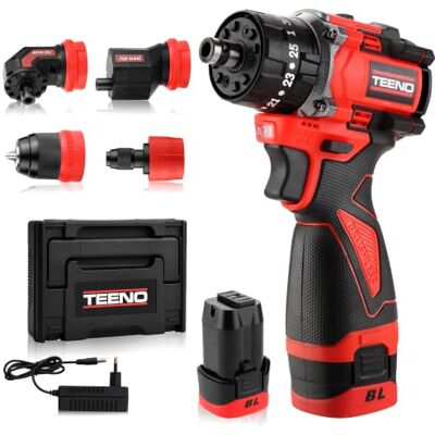 TEENO Parafuso de bateria profissional de 18 V sem escovas, 25 + 3 velocidades, kit de broca sem fio, 45 Nm, 2 velocidades, com 4 cabeças multifunções TEENO Parafuso de bateria profissional de 18 V sem escovas, 25 + 3 velocidades, kit de broca sem fio, 45 Nm, 2 velocidades, com 4 cabeças multifunções