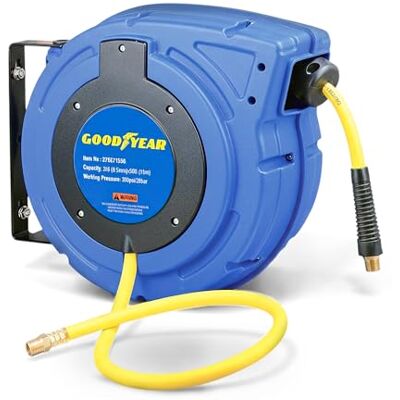 Goodyear 27527153g Enclosed Compressor de ar retrátil/água carretel de mangueira com 3/8 polegadas. x 50 pés. Mangueira de polímero híbrido, MAX. 300psi Goodyear 27527153g Enclosed Compressor de ar retrátil/água carretel de mangueira com 3/8 polegadas. x 50 pés. Mangueira de polímero híbrido, MAX. 300psi