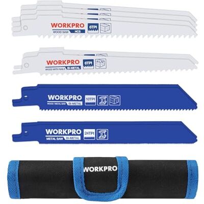 WORKPRO Lâminas de serra sabre 10 peças, lâminas BIM/HCS para madeira e metal, acessórios de serra de sabre com saco de armazenamento WORKPRO Lâminas de serra sabre 10 peças, lâminas BIM/HCS para madeira e metal, acessórios de serra de sabre com saco de armazenamento