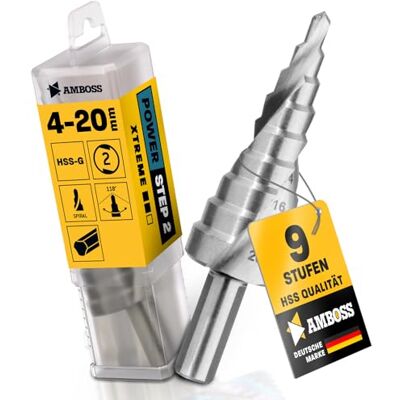 Amboss Werkzeuge Broca escalonada Ø 4-20 mm / 9 etapas, broca cónica / haste de 10 mm/broca profissional de metal cónica HSS / Amboss PowerStep 2 / broca adequada para aço, alumínio, plástico, metacrilato Amboss Werkzeuge Broca escalonada Ø 4-20 mm / 9 etapas, broca cónica / haste de 10 mm/broca profissional de metal cónica HSS / Amboss PowerStep 2 / broca adequada para aço, alumínio, plástico, metacrilato