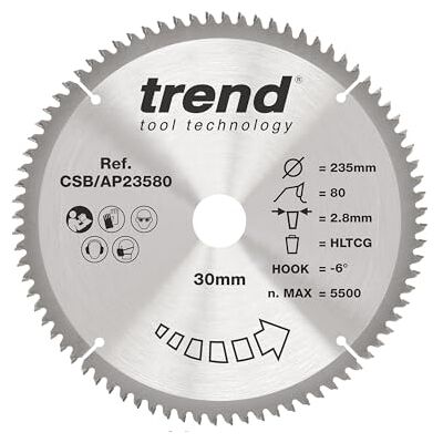 Trend Lâmina de serra circular de alumínio e plástico , 235 mm de diâmetro, orifício de 30 mm, 80 dentes, corte de 2,8 mm, gancho de -6°, TCT, acabamento extrafino, CSB/AP23580 Trend Lâmina de serra circular de alumínio e plástico , 235 mm de diâmetro, orifício de 30 mm, 80 dentes, corte de 2,8 mm, gancho de -6°, TCT, acabamento extrafino, CSB/AP23580