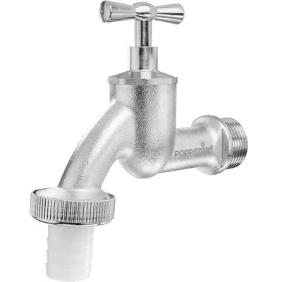 POPPSTAR Torneira de jardim de 3/4 de polegada (válvula de esfera de 3/4" a 1", com bocal para mangueira de 19 mm e manípulo superior, cromado mate) POPPSTAR Torneira de jardim de 3/4 de polegada (válvula de esfera de 3/4" a 1", com bocal para mangueira de 19 mm e manípulo superior, cromado mate)