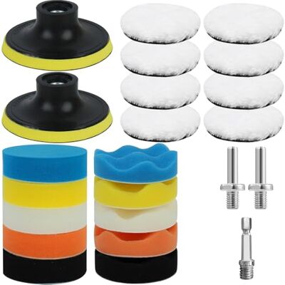 VIBINHO 23 peças 80 mm esponja polir carro com almofadas de lã e esponja, adaptador de broca/polidora, para polimento, cerado e lixamento de carro e faróis VIBINHO 23 peças 80 mm esponja polir carro com almofadas de lã e esponja, adaptador de broca/polidora, para polimento, cerado e lixamento de carro e faróis