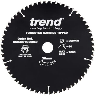 Trend CraftPro Lâmina de serra de corte cruzado antiderrapante com gancho negativo, 260 mm x 60 dentes x 30 mm de diâmetro, ponta de carboneto de tungsténio, Trend CraftPro Lâmina de serra de corte cruzado antiderrapante com gancho negativo, 260 mm x 60 dentes x 30 mm de diâmetro, ponta de carboneto de tungsténio,