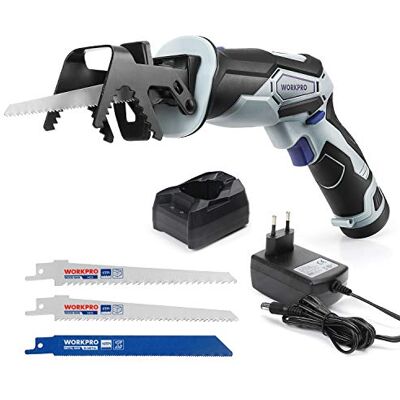 WORKPRO Serra sabre sem fios, serra alternativa de 12 V com bateria de 2000 mAh, velocidade variável até 2900 rpm, carregamento rápido, podadora sem fios com 3 lâminas de serra para madeira e metal WORKPRO Serra sabre sem fios, serra alternativa de 12 V com bateria de 2000 mAh, velocidade variável até 2900 rpm, carregamento rápido, podadora sem fios com 3 lâminas de serra para madeira e metal