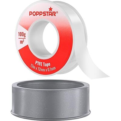 POPPSTAR Fita de teflon DVGW 12 m x 12 mm x 0,1 mm (fita de vedação de PTFE de 100 g/m², GRp para roscas grossas, adequada para água potável), 1 rolo POPPSTAR Fita de teflon DVGW 12 m x 12 mm x 0,1 mm (fita de vedação de PTFE de 100 g/m², GRp para roscas grossas, adequada para água potável), 1 rolo