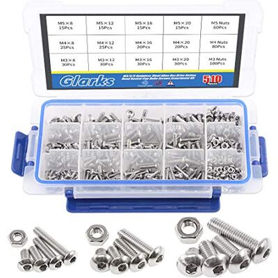Glarks — Kit de parafusos hexagonales com 510 peças, M3, M4, M5, aço inoxidável 304, disco de botão, cabeça Allen, parafusos sextavados, com rosca Glarks — Kit de parafusos hexagonales com 510 peças, M3, M4, M5, aço inoxidável 304, disco de botão, cabeça Allen, parafusos sextavados, com rosca