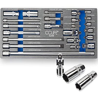 CCLIFE 23 peças conjunto de adaptador para chave de arraca conjunto de extensão de arraca 1/4' 3/8' 1/2' junta universal chave de arraca, tomada de vela de ignição, Cr-V CCLIFE 23 peças conjunto de adaptador para chave de arraca conjunto de extensão de arraca 1/4' 3/8' 1/2' junta universal chave de arraca, tomada de vela de ignição, Cr-V