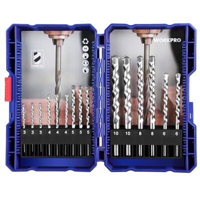 WORKPRO 15 Peças Conjunto de Brocas, Brocas de Berbequim, com Estojo Portátil para Tarefas de Perfuração em Alvenaria, Betão, Tijolo, Cimento WORKPRO 15 Peças Conjunto de Brocas, Brocas de Berbequim, com Estojo Portátil para Tarefas de Perfuração em Alvenaria, Betão, Tijolo, Cimento