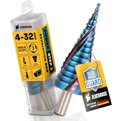 Amboss Werkzeuge Broca escalonada de 4 a 32 mm de diâmetro, 15 níveis, haste de 10 mm, broca cónica HSS-E Co 5%, bigorna PowerStep 3 TiAlSiN Blue Nano Guard/broca de perfuração adequada para aço, aço inoxidável Amboss Werkzeuge Broca escalonada de 4 a 32 mm de diâmetro, 15 níveis, haste de 10 mm, broca cónica HSS-E Co 5%, bigorna PowerStep 3 TiAlSiN Blue Nano Guard/broca de perfuração adequada para aço, aço inoxidável