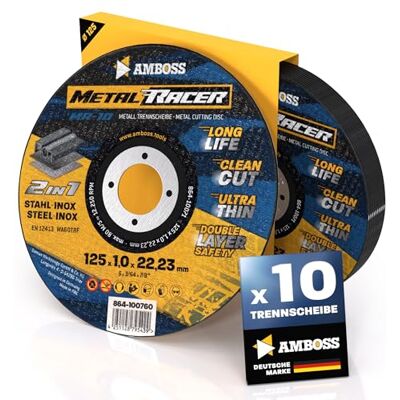 Amboss Werkzeuge 10 discos de corte de metal de 125 x 1 x 22,23 mm. O disco de corte da AMBOSS WERZEUGE Metal Racer é adequado para aço e aço inoxidável. Amboss Werkzeuge 10 discos de corte de metal de 125 x 1 x 22,23 mm. O disco de corte da AMBOSS WERZEUGE Metal Racer é adequado para aço e aço inoxidável.