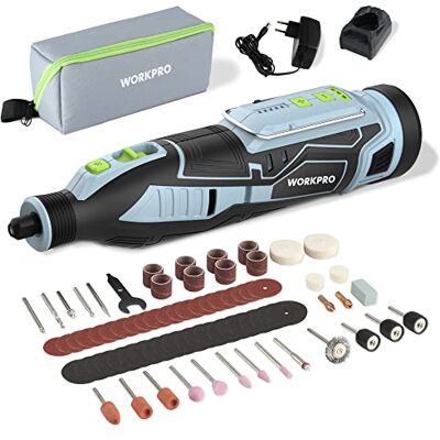 WORKPRO Rebarbadora sem fios, Multiferramenta 12V, Ferramentas Rotativas Multifunção com 114 Acessórios, Bateria, 5 Velocidades Variáveis 32000 rpm, para Cortar, Esmerilhar, Gravar, Perfurar WORKPRO Rebarbadora sem fios, Multiferramenta 12V, Ferramentas Rotativas Multifunção com 114 Acessórios, Bateria, 5 Velocidades Variáveis 32000 rpm, para Cortar, Esmerilhar, Gravar, Perfurar