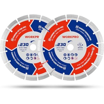WORKPRO Disco de diamante 230 mm, 2 peças discos diamantados, serra de diamante para corte em seco e húmido para betão, tijolo, mármore, alta durabilidade, máx. 6650 RPM WORKPRO Disco de diamante 230 mm, 2 peças discos diamantados, serra de diamante para corte em seco e húmido para betão, tijolo, mármore, alta durabilidade, máx. 6650 RPM