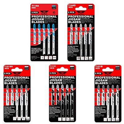TopsTools 25 lâminas de serra de recortes mistas T101B T101BR T111C T118A T144D, compatíveis com Bosch, Dewalt, Makita, Milwaukee e muito mais TopsTools 25 lâminas de serra de recortes mistas T101B T101BR T111C T118A T144D, compatíveis com Bosch, Dewalt, Makita, Milwaukee e muito mais
