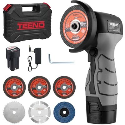 TEENO Mini rebarbadora angular sem fios 76 mm, 19500 RPM, 2 baterias Radial compacto para cortar moagem polir metal madeira azulejo plástico com 6 discos 2 x 2000 mAh carregador e mala TEENO Mini rebarbadora angular sem fios 76 mm, 19500 RPM, 2 baterias Radial compacto para cortar moagem polir metal madeira azulejo plástico com 6 discos 2 x 2000 mAh carregador e mala