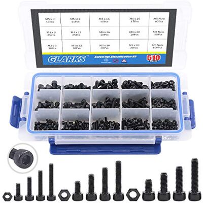 Glarks 510 parafusos de casquilho de aço de liga de grau 12,9 M3 M4 M5 com kit variedade de porcas, acabamento de óxido preto Glarks 510 parafusos de casquilho de aço de liga de grau 12,9 M3 M4 M5 com kit variedade de porcas, acabamento de óxido preto