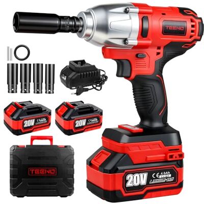 TEENO Chave de impacto, sem fio, 1/2" pistola de impacto bateria 600 Nm com bateria de 2 x 4,0 Ah, chave de impacto com 4 bocais (18/20/22/24 mm), giratória para carro e uso TEENO Chave de impacto, sem fio, 1/2" pistola de impacto bateria 600 Nm com bateria de 2 x 4,0 Ah, chave de impacto com 4 bocais (18/20/22/24 mm), giratória para carro e uso