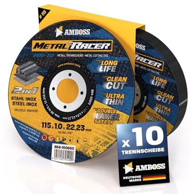 Amboss Werkzeuge 10 discos de corte de metal com 115 x 1 x 22,23 mm de diâmetro. O disco de corte Metal Racer by é adequado para aço e aço inoxidável. Amboss Werkzeuge 10 discos de corte de metal com 115 x 1 x 22,23 mm de diâmetro. O disco de corte Metal Racer by é adequado para aço e aço inoxidável.