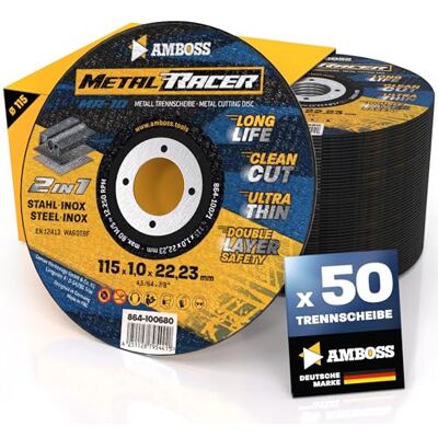 Amboss Werkzeuge 50 discos de corte de metal de 115 x 1 x 22,23 mm. O disco de corte de metal Racer by é adequado para aço e aço inoxidável Amboss Werkzeuge 50 discos de corte de metal de 115 x 1 x 22,23 mm. O disco de corte de metal Racer by é adequado para aço e aço inoxidável