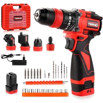 TEENO Parafuso profissional de bateria de 18 V sem escovas, kit de broca sem fio, 20 + 3 velocidades, 45 Nm, 2 velocidades, com 4 cabeças multifunções TEENO Parafuso profissional de bateria de 18 V sem escovas, kit de broca sem fio, 20 + 3 velocidades, 45 Nm, 2 velocidades, com 4 cabeças multifunções