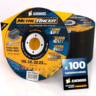 Amboss Werkzeuge 100 discos de corte de metal de 115 x 1 x 22,23 mm de diámetro. El disco de corte de metal Metal Racer by Ambos es adecuado para acero y acero inoxidable, disco de corte de acero/acero inoxidable 115 Amboss Werkzeuge 100 discos de corte de metal de 115 x 1 x 22,23 mm de diámetro. El disco de corte de metal Metal Racer by Ambos es adecuado para acero y acero inoxidable, disco de corte de acero/acero inoxidable 115