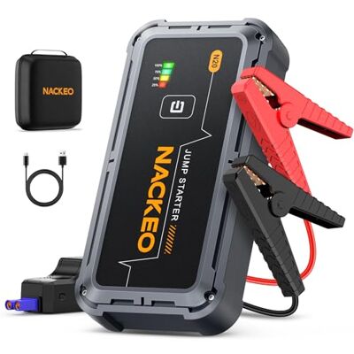 NACKEO Iniciador de carros 7000A, iniciador de baterias para carro portátil (até todo o gás ou diesel de 10,0 l), 12 V Jump Starter clipes de segurança inteligentes, luz LED, carregamento rápido, compacto NACKEO Iniciador de carros 7000A, iniciador de baterias para carro portátil (até todo o gás ou diesel de 10,0 l), 12 V Jump Starter clipes de segurança inteligentes, luz LED, carregamento rápido, compacto