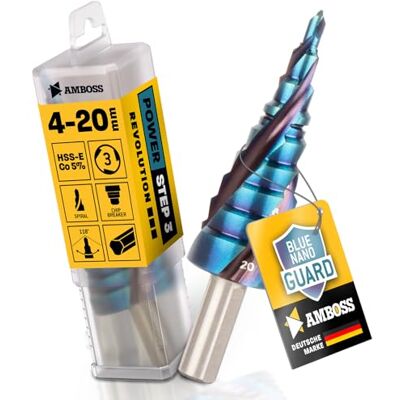 Amboss Werkzeuge Broca escalonada Ø 4-20 mm/9 etapas broca cónica/broca profissional de metal cónico HSS-E Co 5% / Amboss PowerStep 3 TiAlSiN Blue Nano Guard/aço, inoxidável, alumínio, plástico Amboss Werkzeuge Broca escalonada Ø 4-20 mm/9 etapas broca cónica/broca profissional de metal cónico HSS-E Co 5% / Amboss PowerStep 3 TiAlSiN Blue Nano Guard/aço, inoxidável, alumínio, plástico