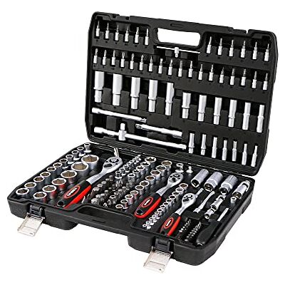 TEENO Conjunto de chaves de caixa para chaves de catraca 1/2" e 1/4" e 3/8" Trinquete (72 dentes) 172 peças, Cr-V, kit de ferramentas mecânicas para automóvel Acabamento fosco TEENO Conjunto de chaves de caixa para chaves de catraca 1/2" e 1/4" e 3/8" Trinquete (72 dentes) 172 peças, Cr-V, kit de ferramentas mecânicas para automóvel Acabamento fosco