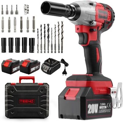 TEENO Pistola de impacto batería sin cable con motor sin escobillas Alto par de 320 Nm, inclui 2 baterias rápidas de 3,0 Ah, mala e 25 acessórios, para reparação de carros e montagem de móveis TEENO Pistola de impacto batería sin cable con motor sin escobillas Alto par de 320 Nm, inclui 2 baterias rápidas de 3,0 Ah, mala e 25 acessórios, para reparação de carros e montagem de móveis