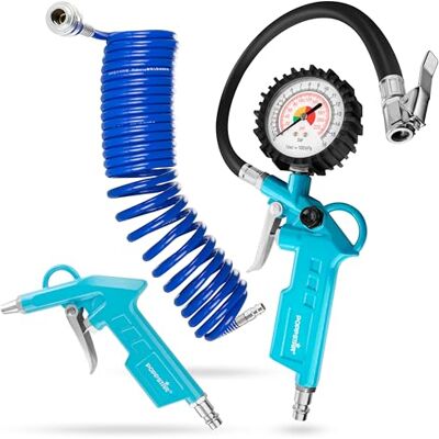 POPPSTAR Kit compressor de ar: bomba pneus (0-16 bar, mangueira: 340 mm), mangueira em espiral de ar comprimido 5 m, pistola de sopro (12 bar) POPPSTAR Kit compressor de ar: bomba pneus (0-16 bar, mangueira: 340 mm), mangueira em espiral de ar comprimido 5 m, pistola de sopro (12 bar)